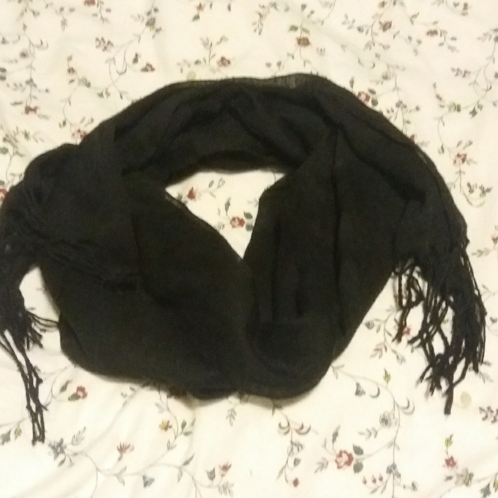 Long skinny black tassel fringe scarf